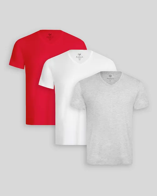Pack de 3 polos Hombre Cuello V Blanco / Gris Poly / Rojo Flama