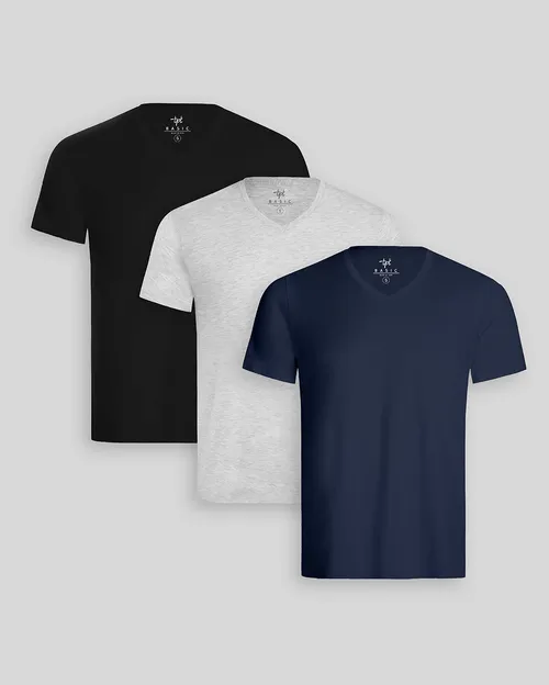 Pack de 3 polos Hombre Cuello V Gris Poly / Negro / Azul Oxford