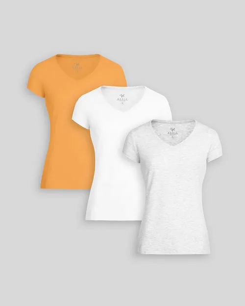 Pack de 3 polos Mujer Cuello V Blanco / Níquel Poly Htr / Mostaza Brillante