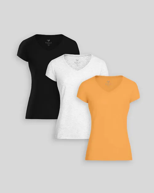 Pack de 3 polos Mujer Cuello V Níquel Poly Htr / Negro / Mostaza Brillante