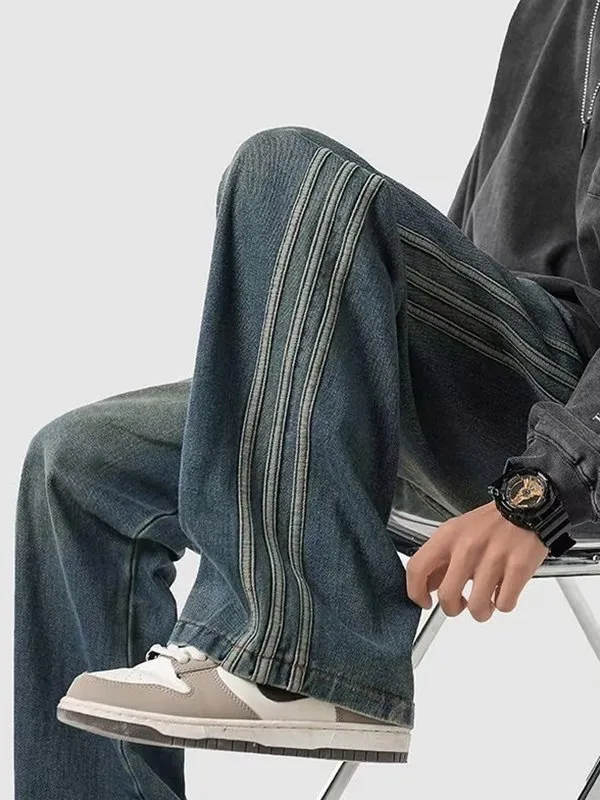 Pantalones vaqueros sueltos de cintura media populares para jóvenes de pierna recta de moda para hombres