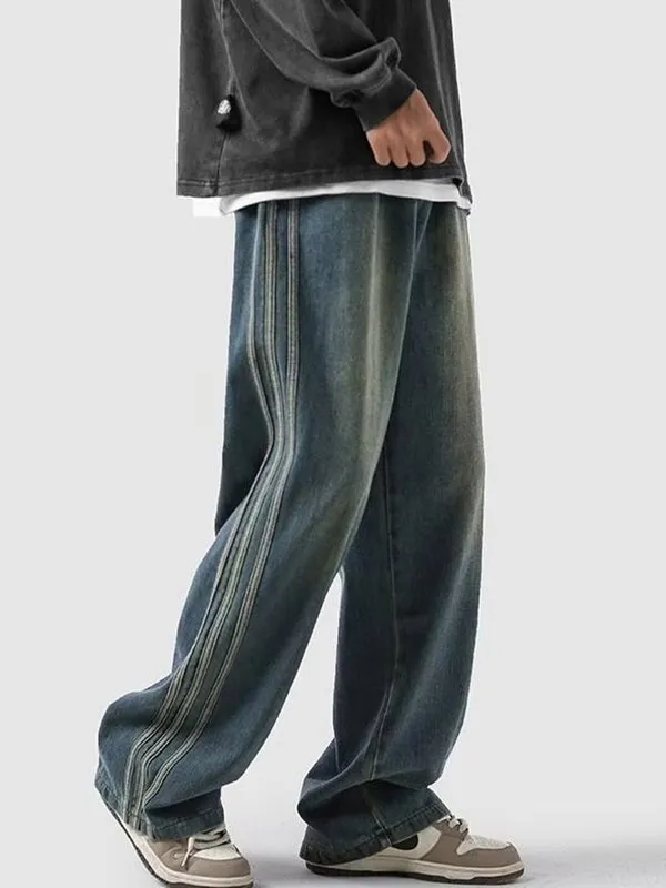 Pantalones vaqueros sueltos de cintura media populares para jóvenes de pierna recta de moda para hombres