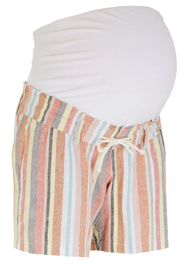 Pantalón corto premamá de lino Rayas verticales en beige