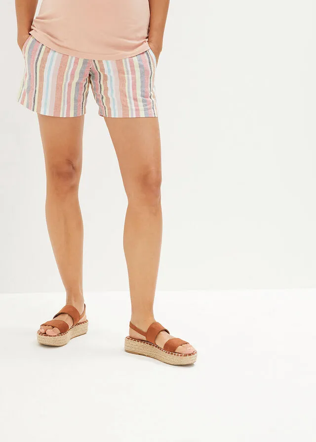 Pantalón corto premamá de lino Rayas verticales en beige