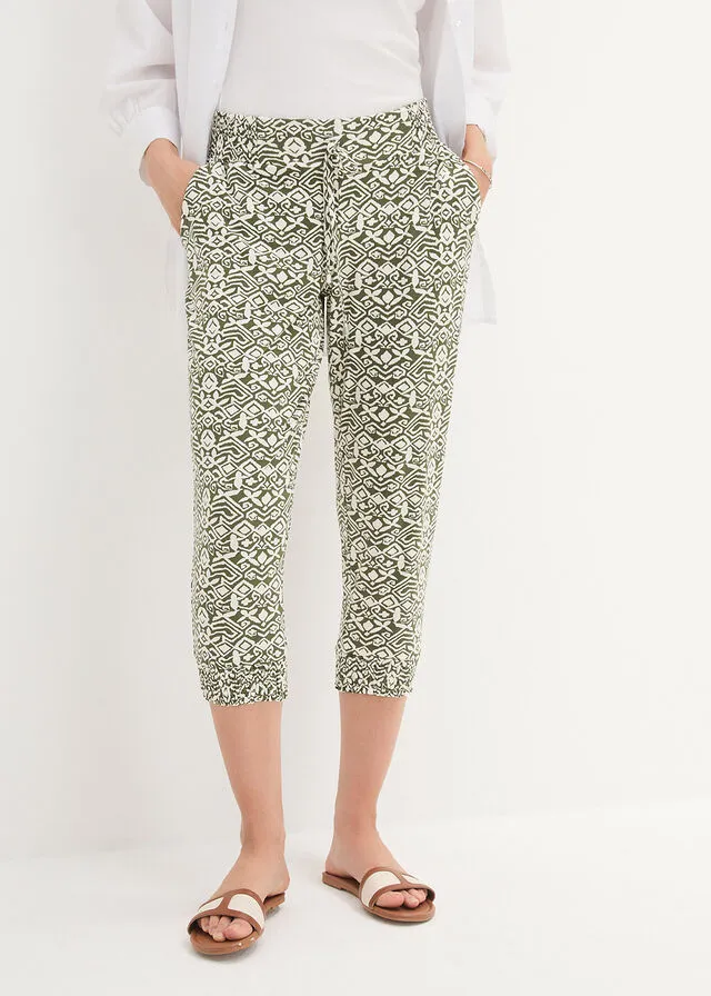Pantalón de punto Caqui oscuro/blanco lana estampado