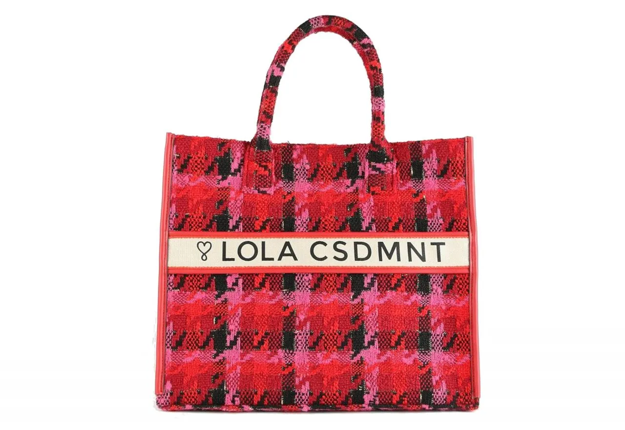 Shopper Tejido Rojo Pata De Gallo 2 Asas Banda Beige Logotipada