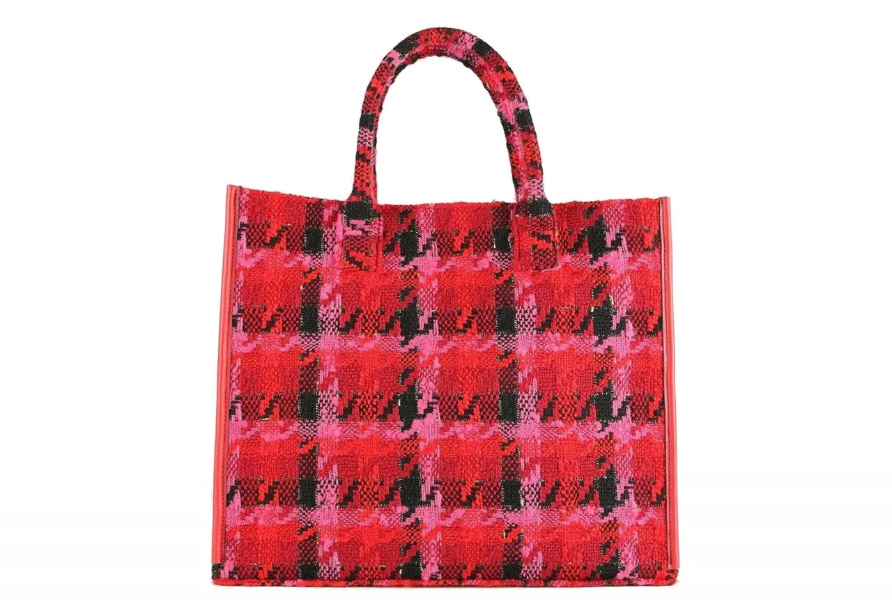 Shopper Tejido Rojo Pata De Gallo 2 Asas Banda Beige Logotipada
