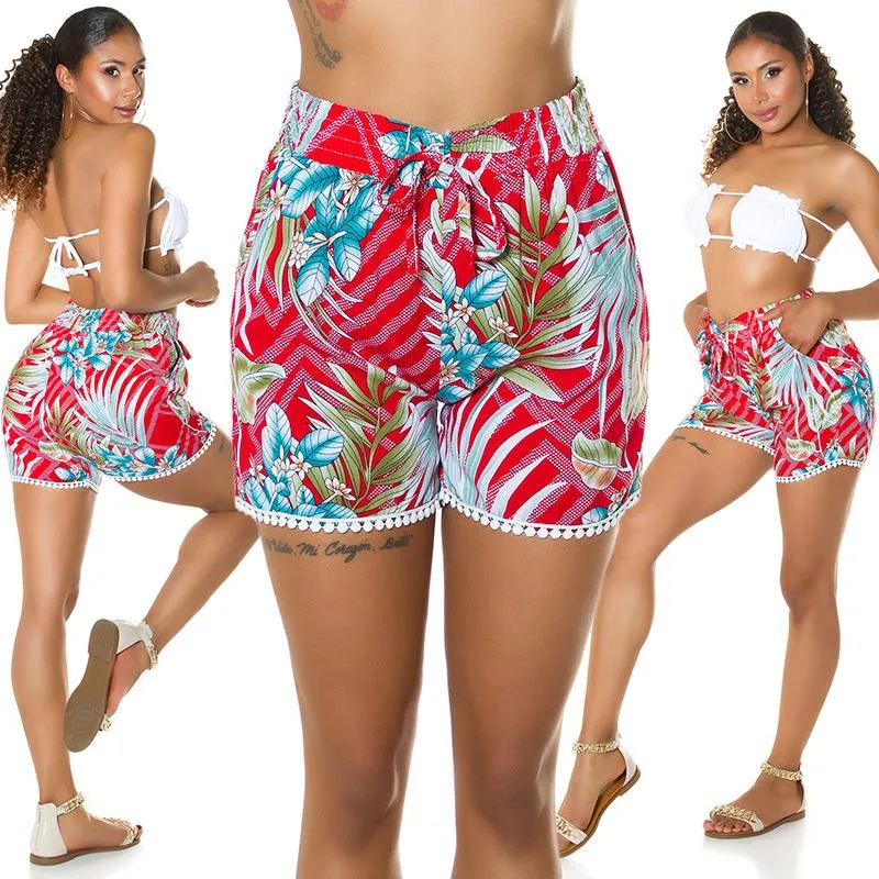 Shorts de Cintura Alta tropicales Rojo