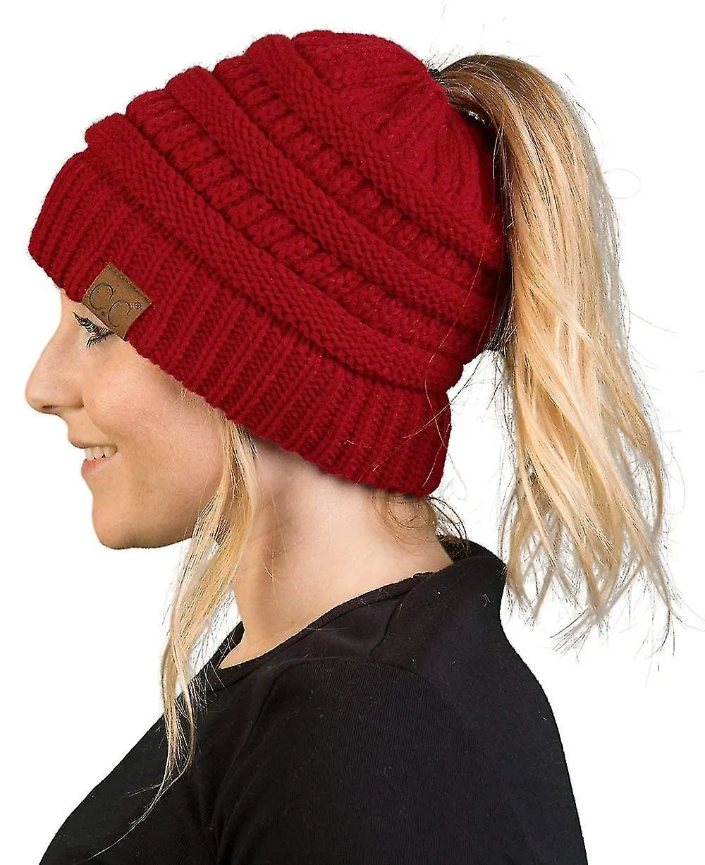 Sombrero de gorro de moño alto y desordenado para mujeres con agujero de cola de caballo, gorra de calavera de esquí de punto de