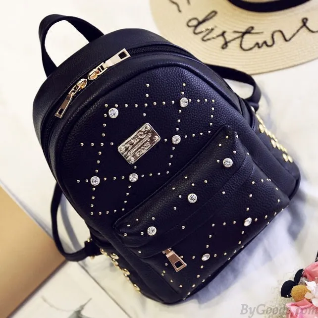 Sweet PU Rivet Girl College Rucksack Small Quilted Lady Backpack 
