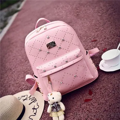 Sweet PU Rivet Girl College Rucksack Small Quilted Lady Backpack 