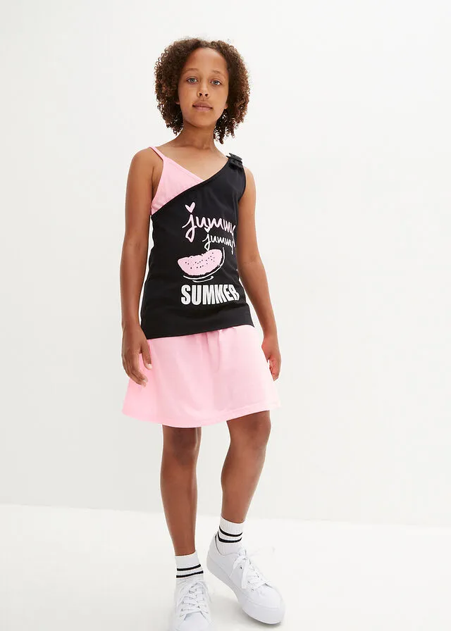 TOP + PANTALóN CORTO + FALDA PARA NIñAS (4 PIEZAS) NEGROBLANCOROSA NEóN