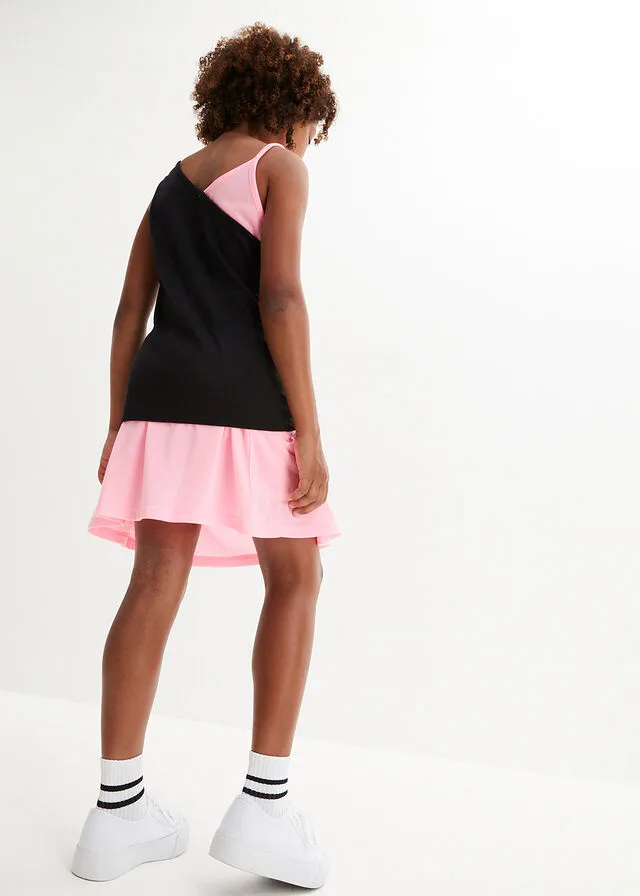 TOP + PANTALóN CORTO + FALDA PARA NIñAS (4 PIEZAS) NEGROBLANCOROSA NEóN