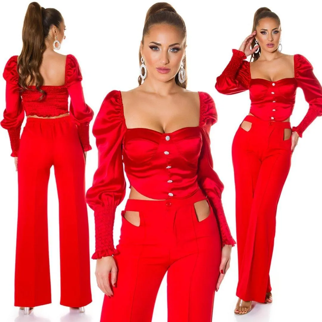 Top satinado rojo con brillantes 