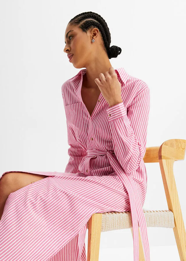 VESTIDO CAMISERO DE RAYAS CON CORDóN PINK LADY BLANCO DE RAYAS