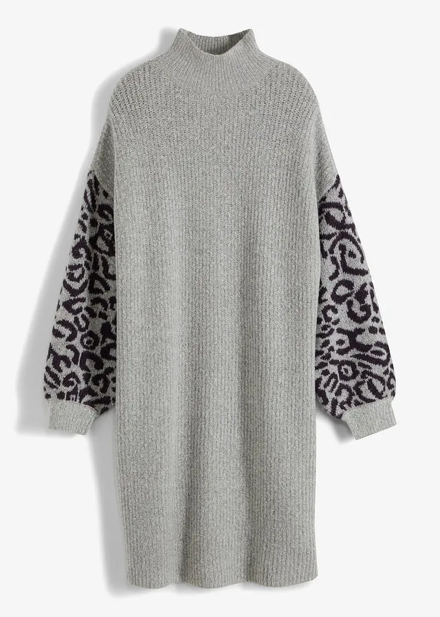 Vestido holgado de punto con estampado de leopardo Gris claro jaspeado/negro con estampado de leopardo