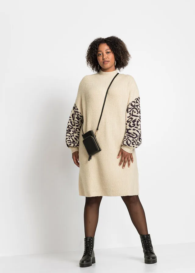 Vestido holgado de punto con estampado de leopardo Gris claro jaspeado/negro con estampado de leopardo