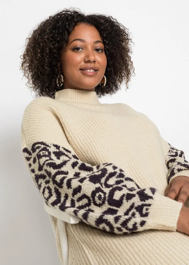 Vestido holgado de punto con estampado de leopardo Gris claro jaspeado/negro con estampado de leopardo