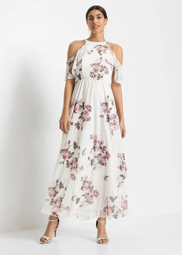 Vestido largo de malla estampado Blanco lana de flores