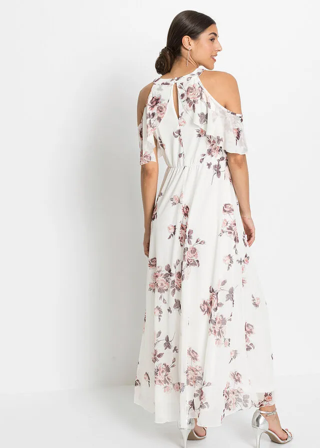 Vestido largo de malla estampado Blanco lana de flores