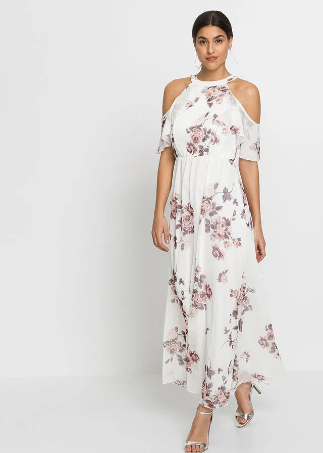 Vestido largo de malla estampado Blanco lana de flores