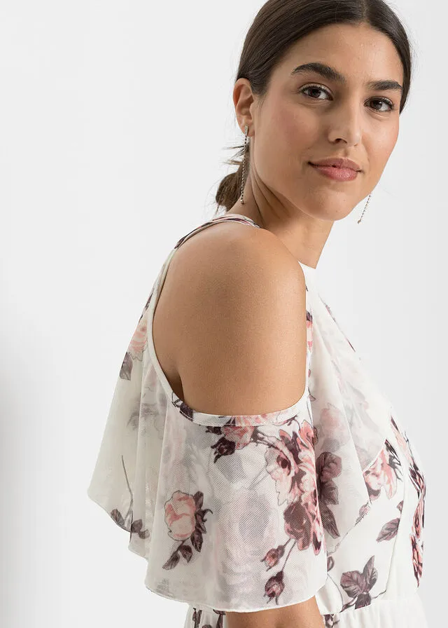 Vestido largo de malla estampado Blanco lana de flores