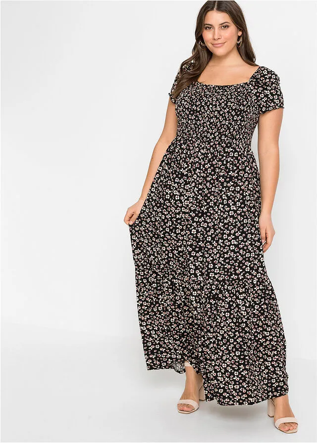 VESTIDO LARGO ESTAMPADO DE VISCOSA SOSTENIBLE NEGROBLANCO LANA DE FLORES