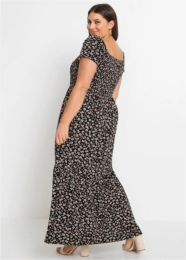 VESTIDO LARGO ESTAMPADO DE VISCOSA SOSTENIBLE NEGROBLANCO LANA DE FLORES