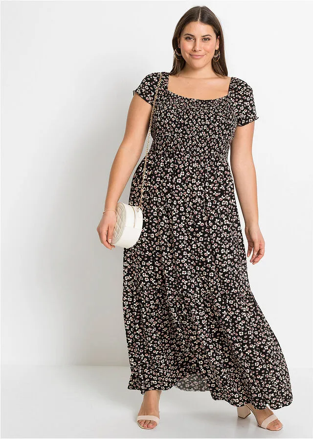 VESTIDO LARGO ESTAMPADO DE VISCOSA SOSTENIBLE NEGROBLANCO LANA DE FLORES