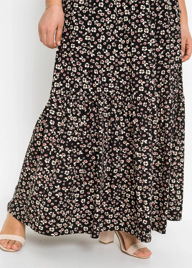 VESTIDO LARGO ESTAMPADO DE VISCOSA SOSTENIBLE NEGROBLANCO LANA DE FLORES