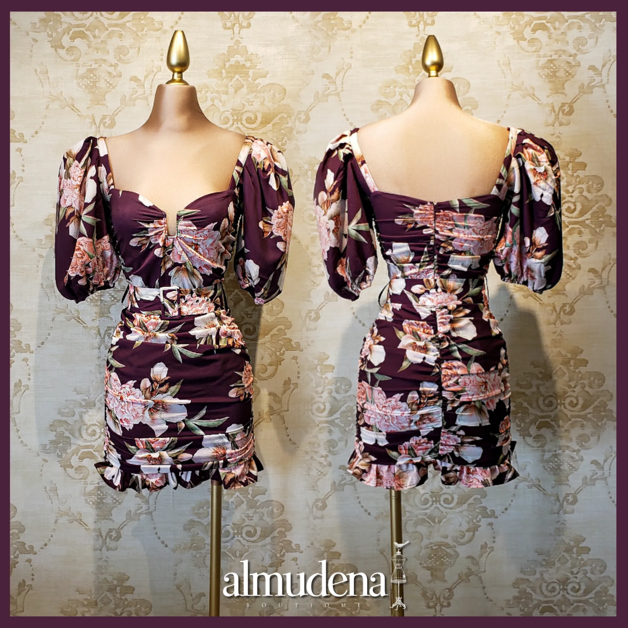 Vestido Vino Corto con Estampado de Flores