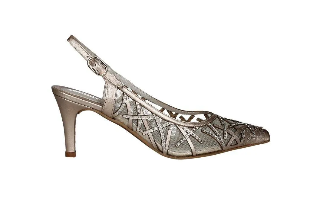 Zapato Talon Abierto Bronce Rejilla y Tiras Con Brillantes