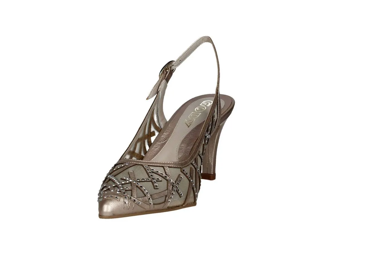Zapato Talon Abierto Bronce Rejilla y Tiras Con Brillantes