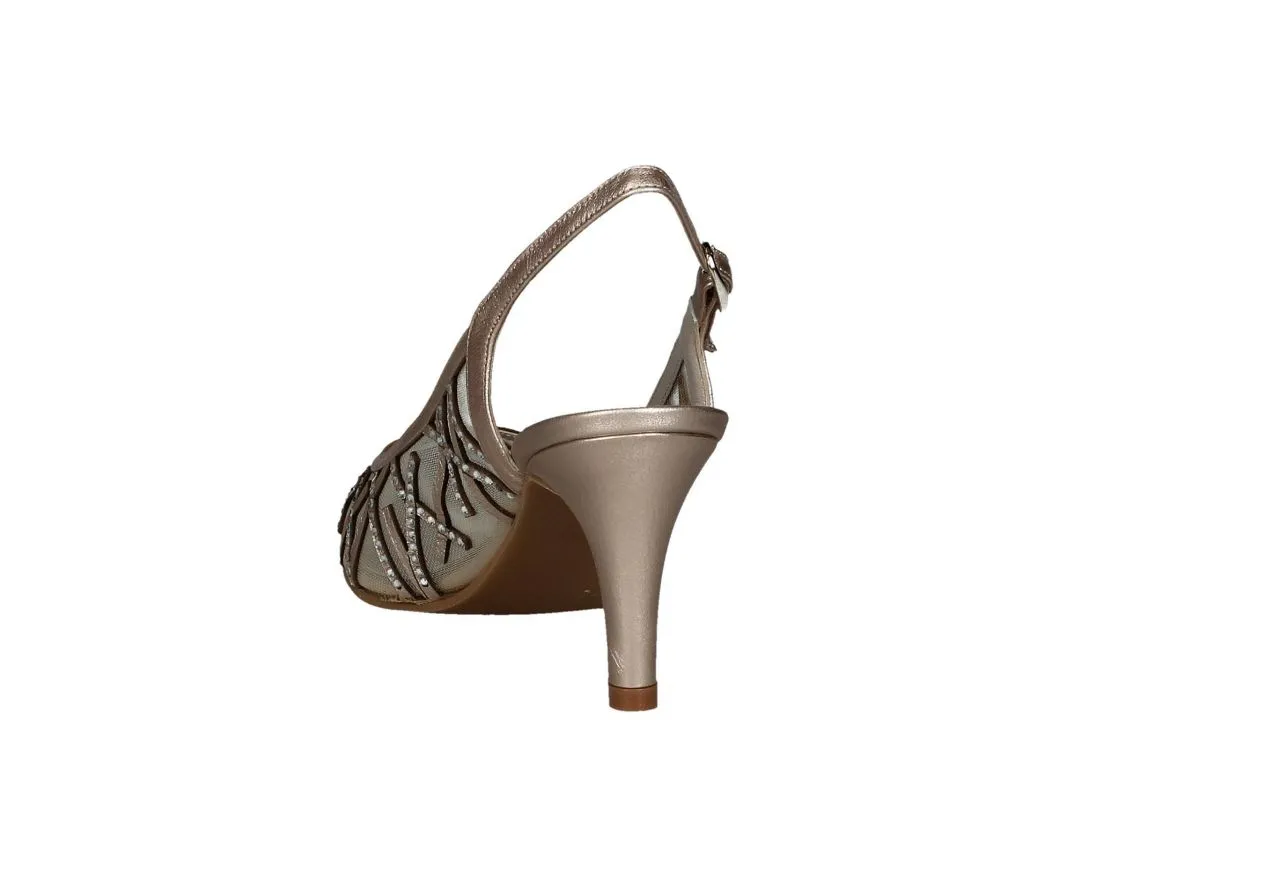 Zapato Talon Abierto Bronce Rejilla y Tiras Con Brillantes